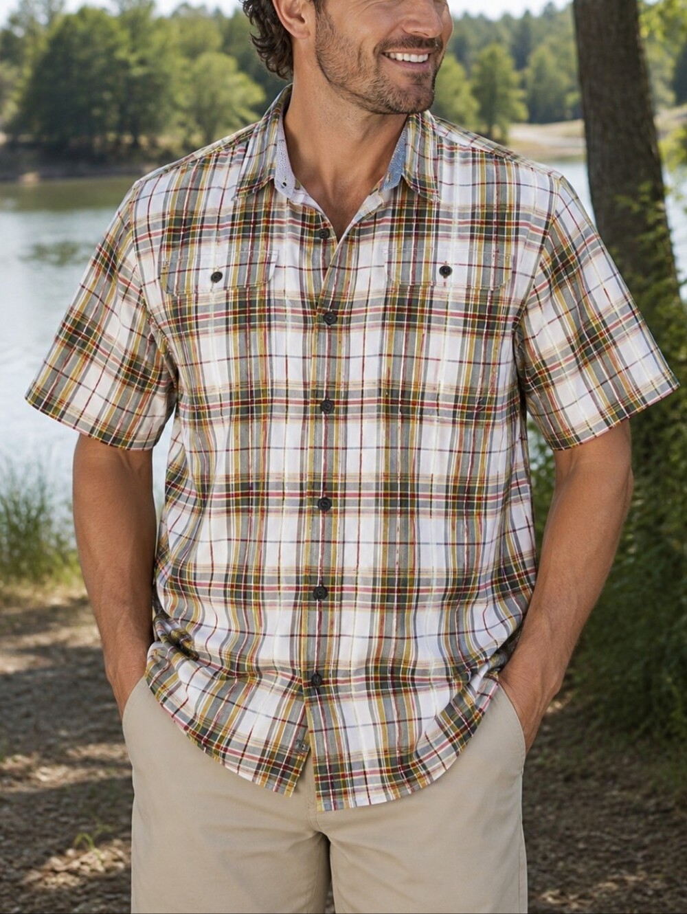 ASCEND | Men's Green/Red Plaid Button-Front Outdoor Shirt Size L